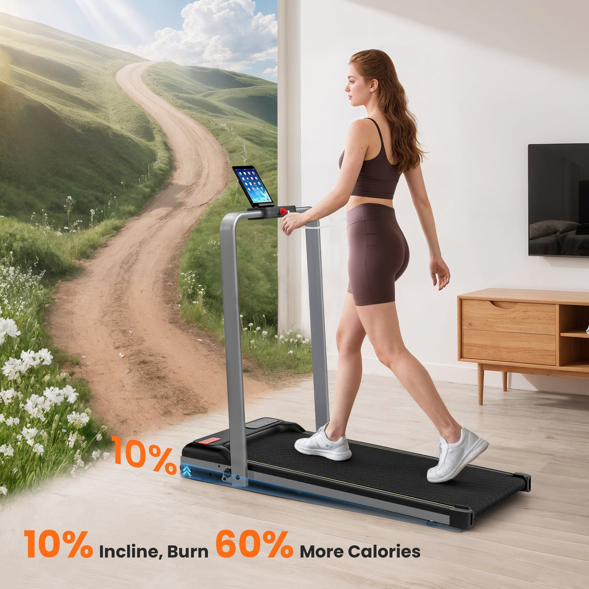 A woman walks on the treadmill, with text highlighting incline and calorie burn