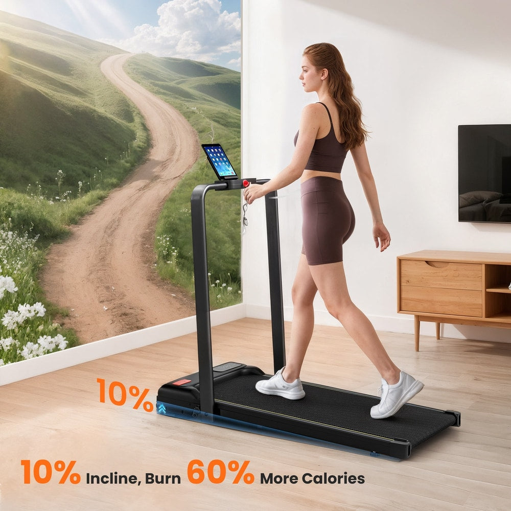 Woman walking on the black treadmill with a scenic outdoor road graphic overlaid, highlighting incline and calorie burn