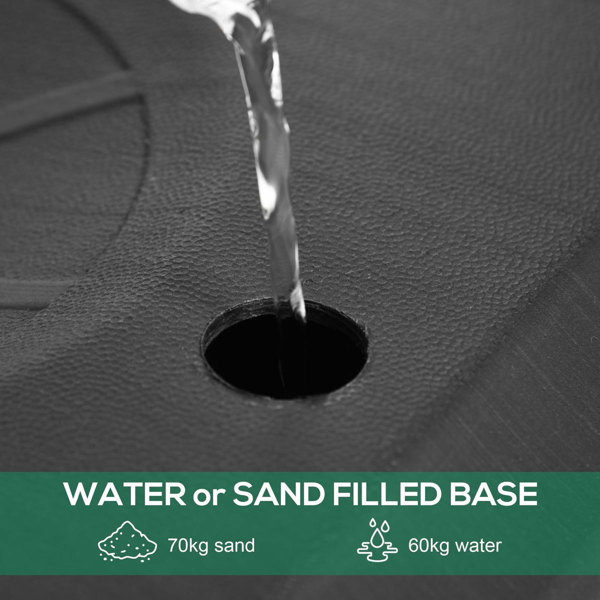 Close-up of the base of the basketball hoop, showing where to add water or sand
