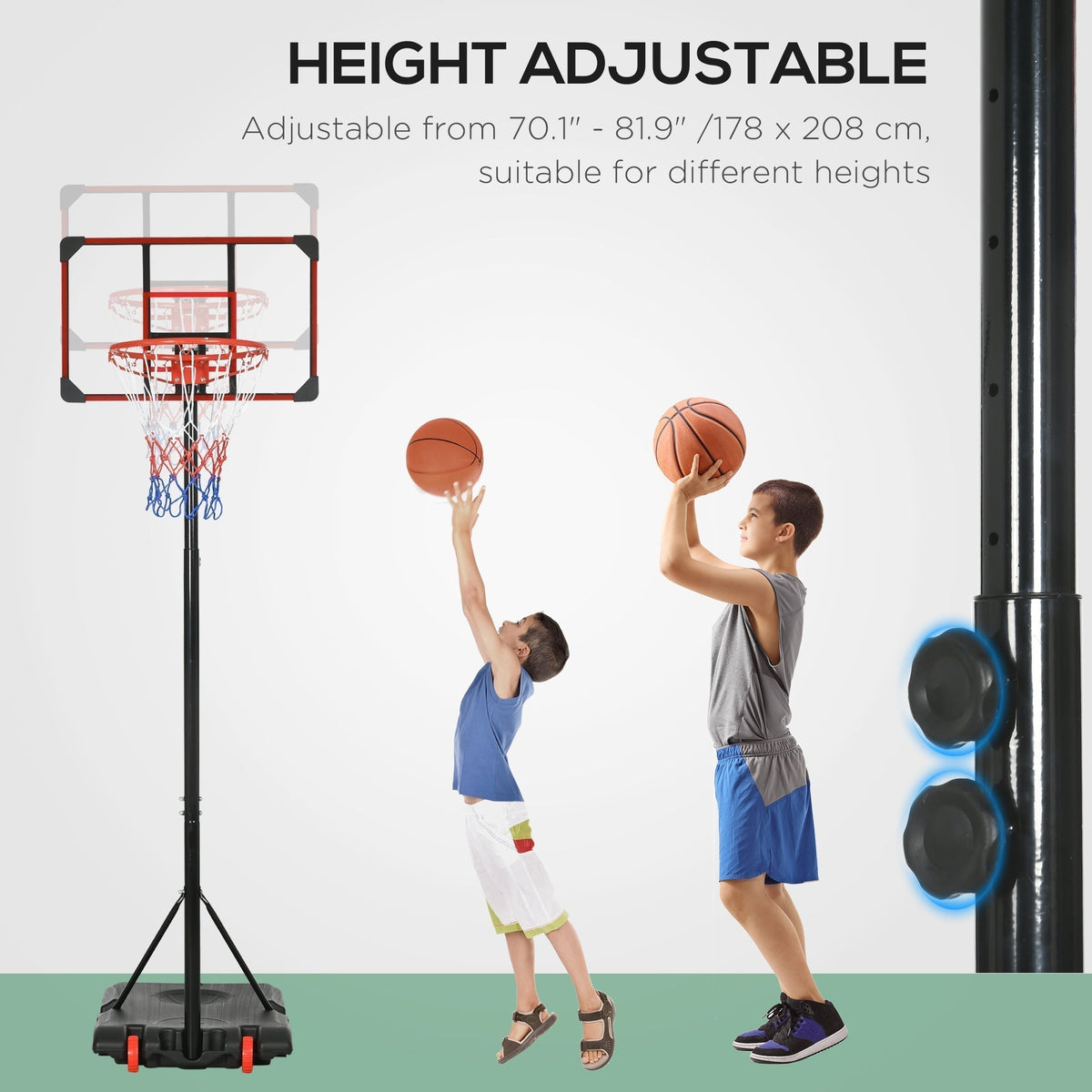 Diagram showing the height adjustment range of the basketball hoop