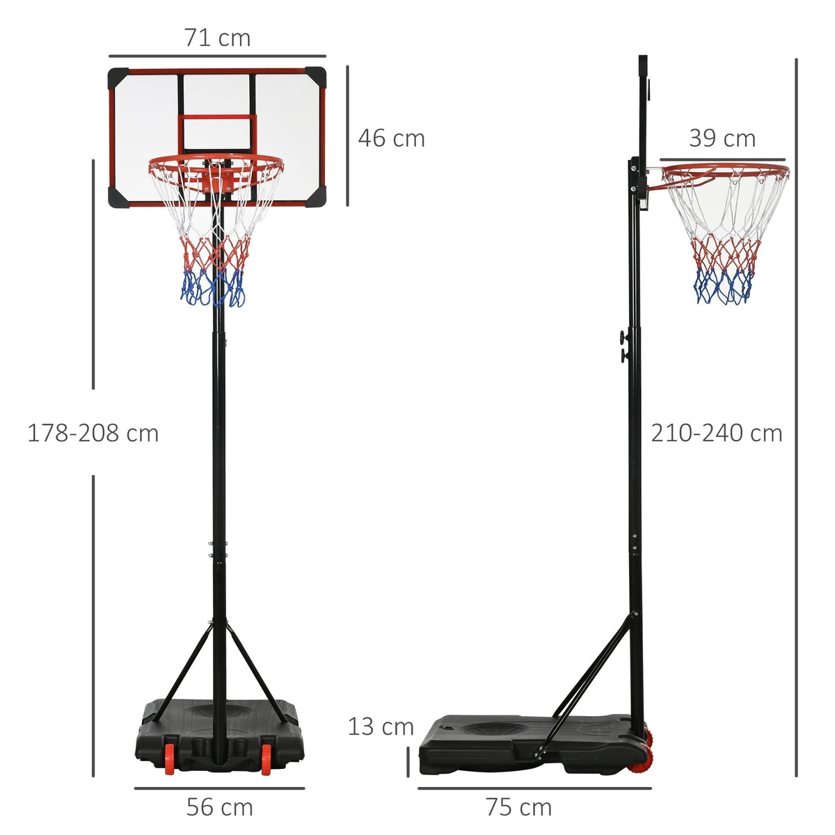Diagram showing the dimensions of the basketball hoop and stand