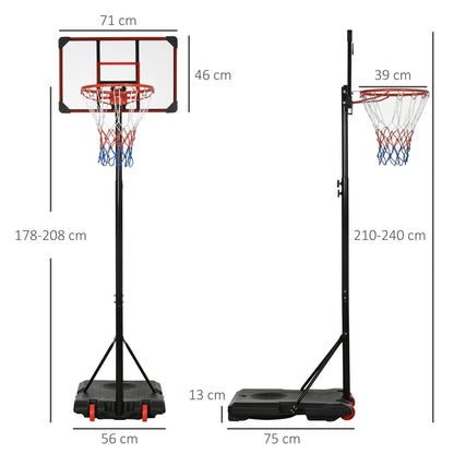 Diagram showing the dimensions of the basketball hoop and stand