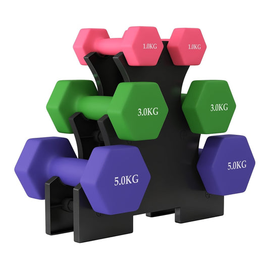 SPORTNOW Hex Dumbbells Set with Dumbbell Rack, showing three pairs of dumbbells on a black rack