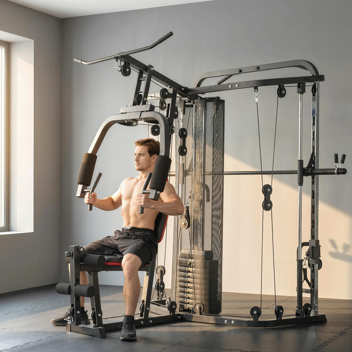 Man using the home gym system for chest press exercise