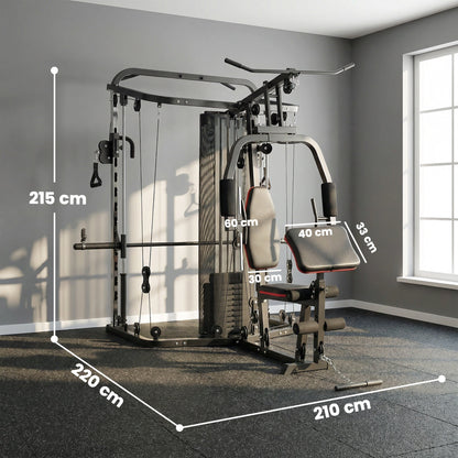 Home gym system with dimensions indicated for width, height and depth
