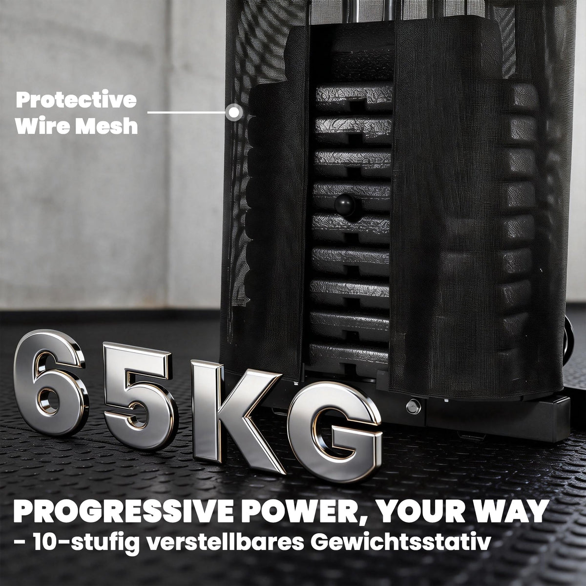 Close-up of the weight stack on the home gym system with 65kg label