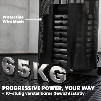 Close-up of the weight stack on the home gym system with 65kg label