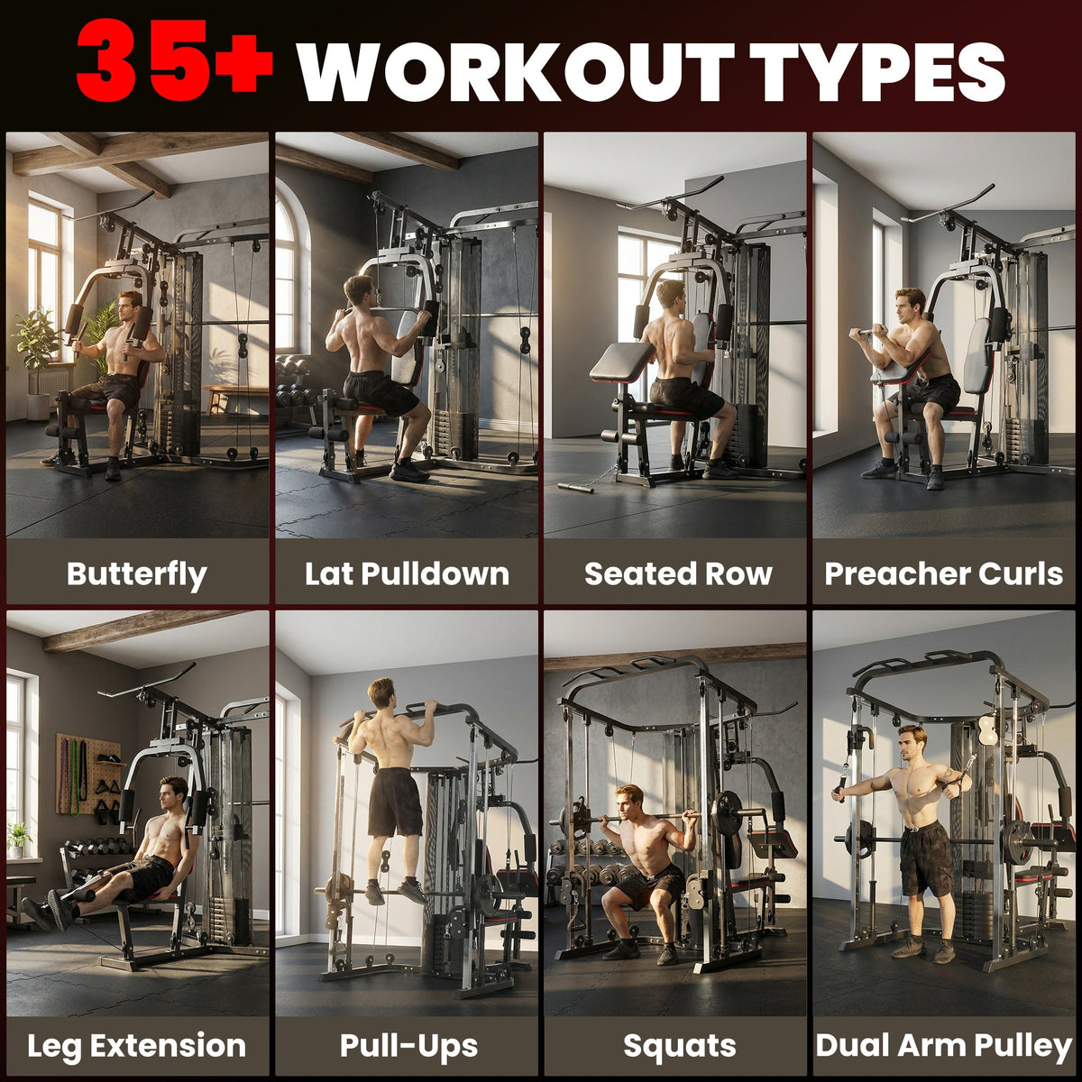 Collage showing multiple exercises possible on the home gym system