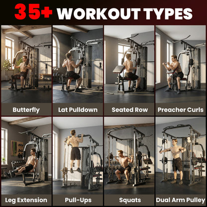 Collage showing multiple exercises possible on the home gym system