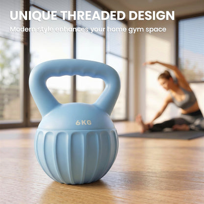A blue kettlebell with '6KG' marked on it, placed in a home gym environment
