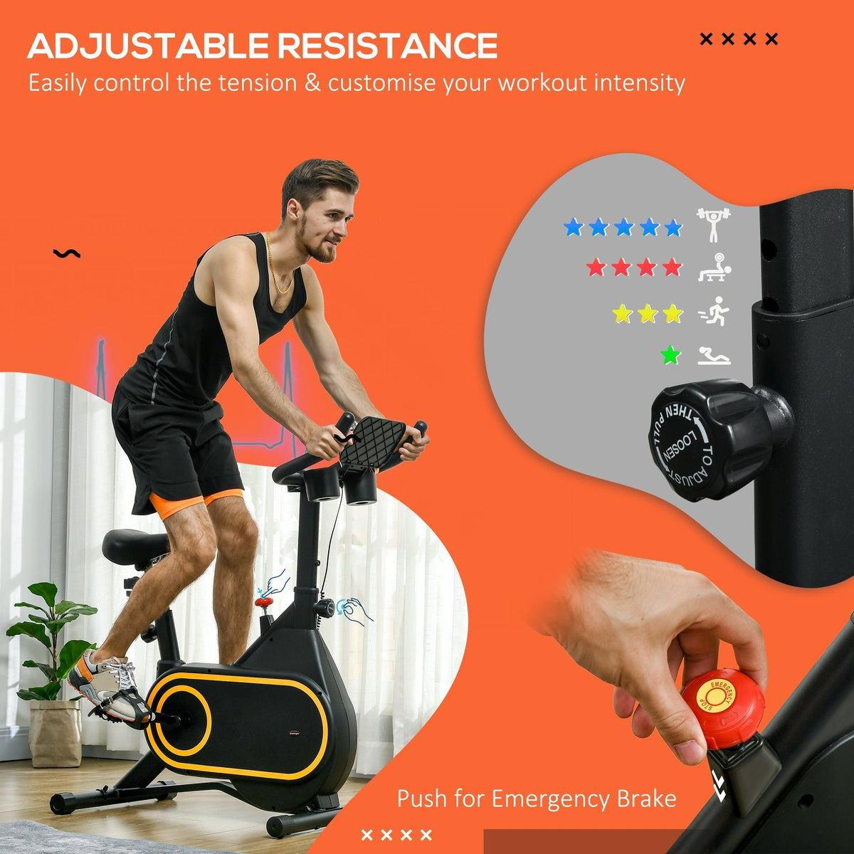 Close up of the resistance knob and emergency brake on the exercise bike