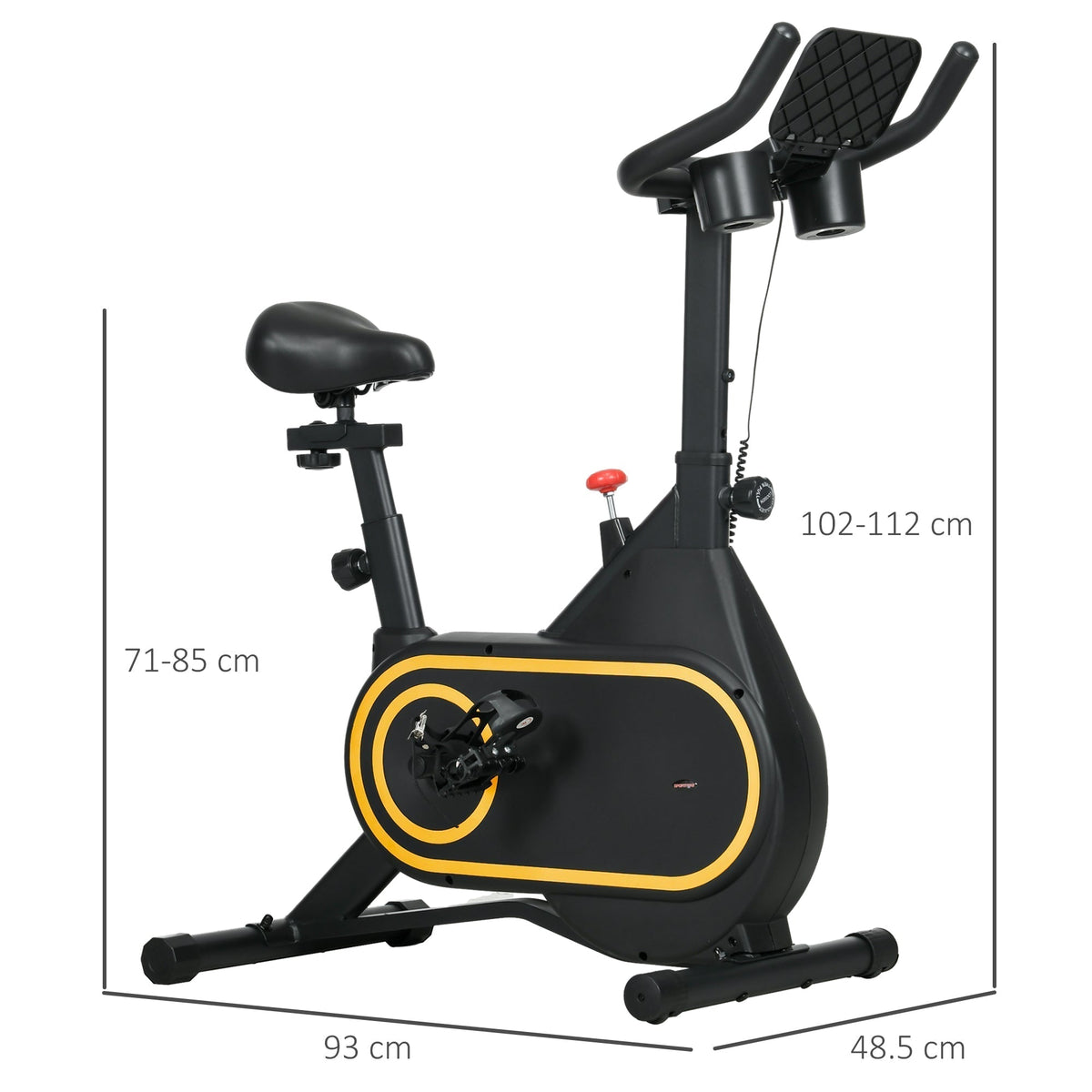 The exercise bike showing height and length dimensions on a white background