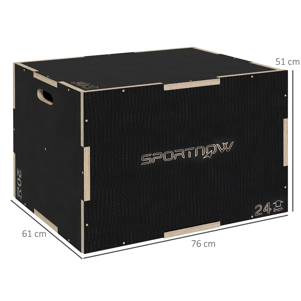 The wooden plyometric box shown with dimensions 76cm, 61cm and 51cm marked