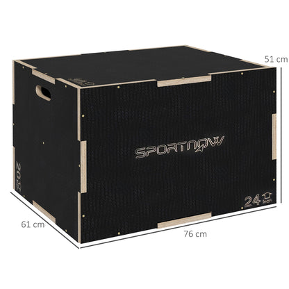 The wooden plyometric box shown with dimensions 76cm, 61cm and 51cm marked