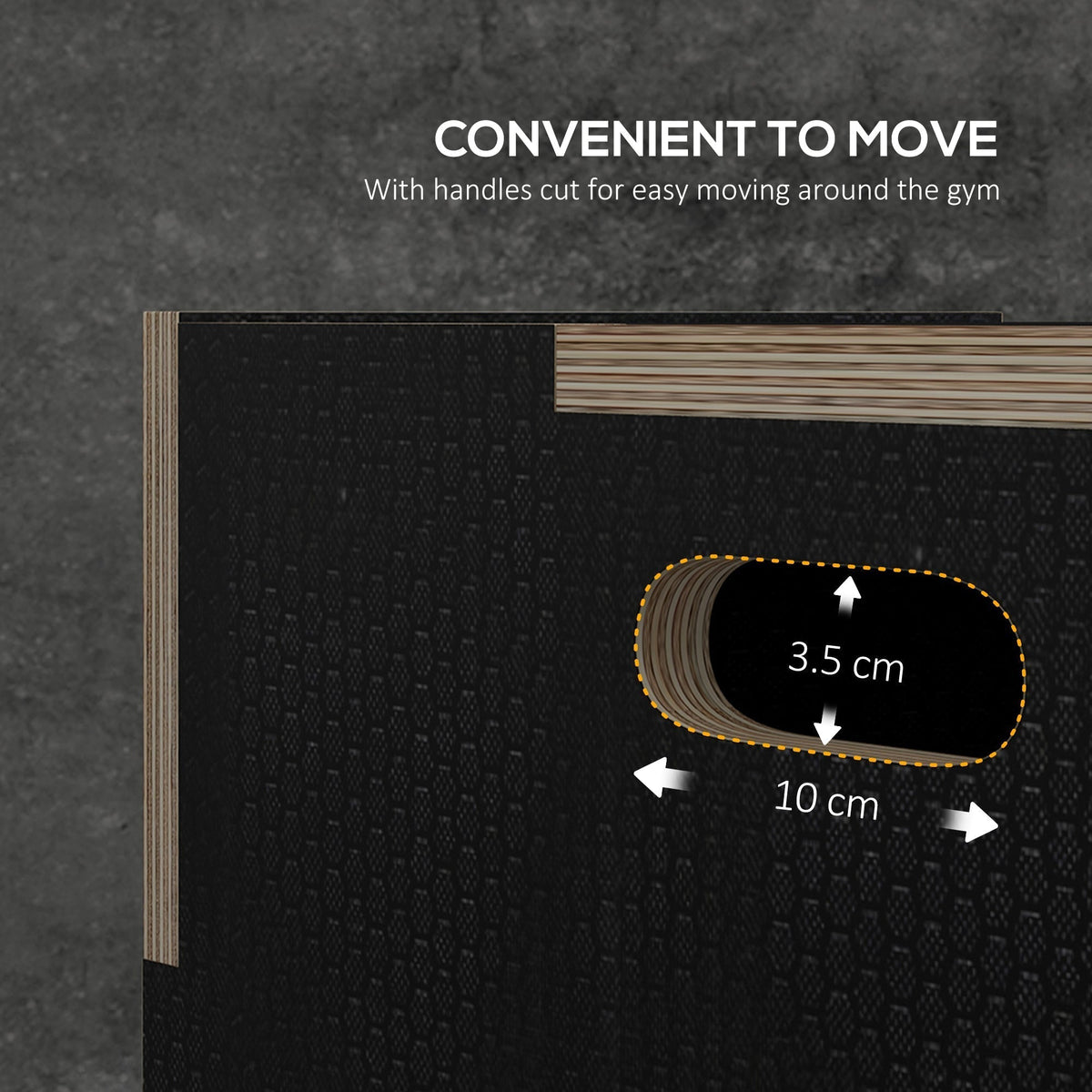 The wooden jump box has a cut-out handle for easy movement