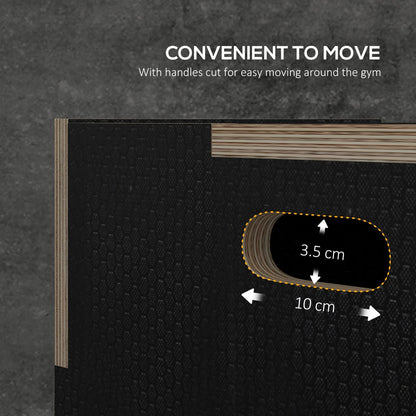 The wooden jump box has a cut-out handle for easy movement