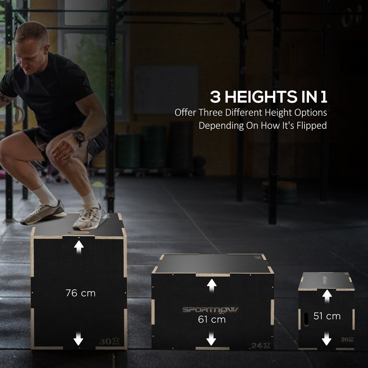 Three sizes of the wooden plyometric box displayed with heights 76cm, 61cm and 51cm indicated