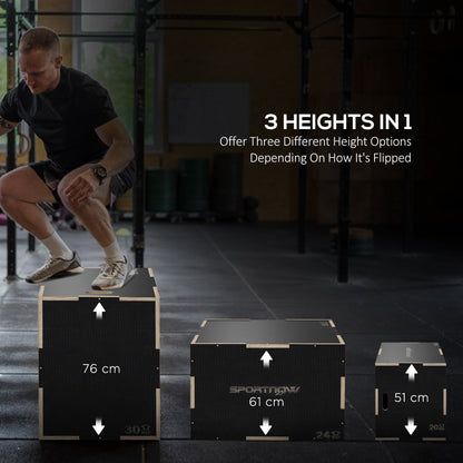 Three sizes of the wooden plyometric box displayed with heights 76cm, 61cm and 51cm indicated