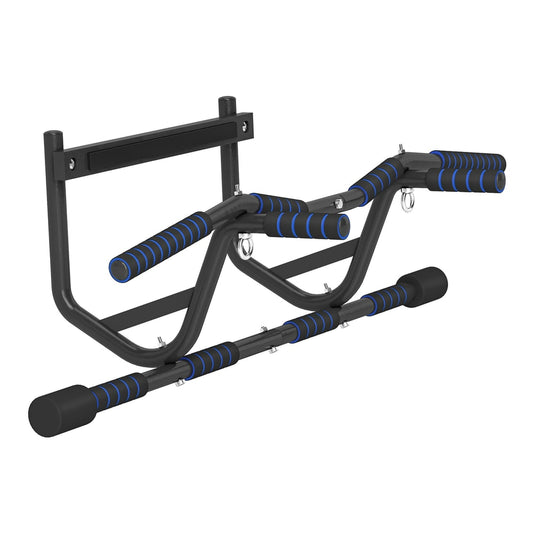SPORTNOW Multi-Grip Doorway Pull Up Bar with Non-Slip Grips, a black metal frame with blue padded handles