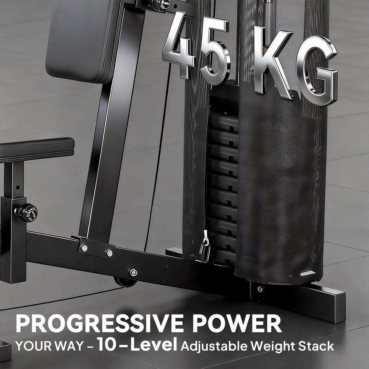 The home gym machine focusing on the weight stack and adjustable seat mechanism