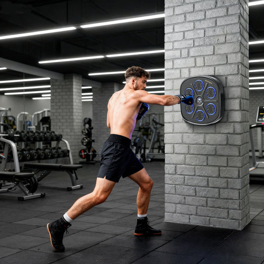 Man boxing against the wall mounted music boxing machine in a gym setting