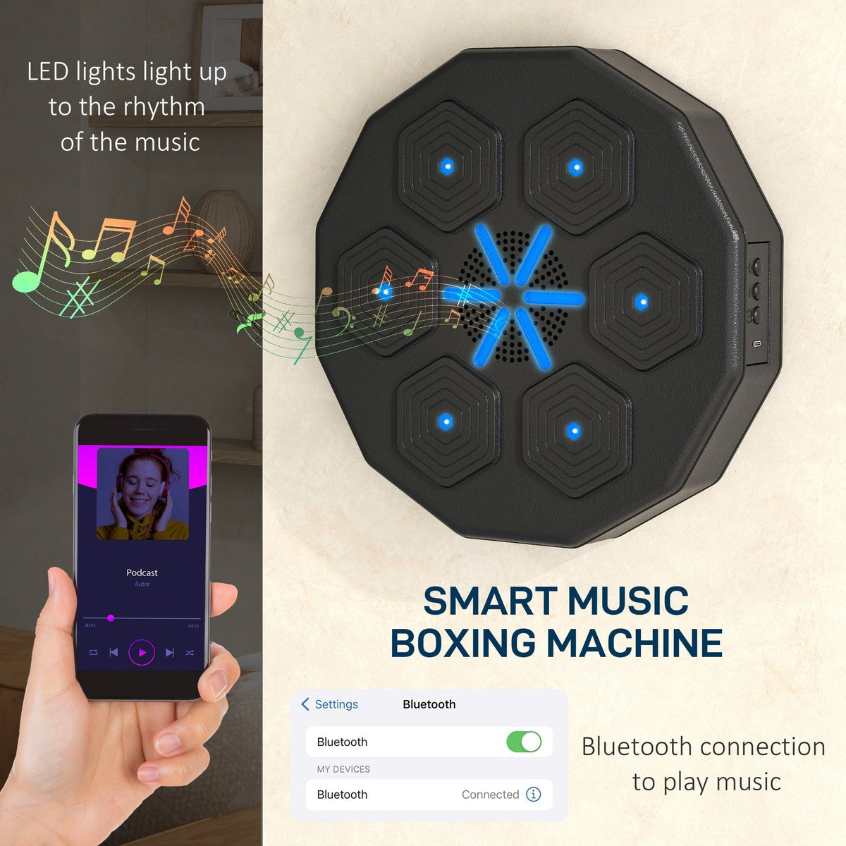 The boxing bag next to a smartphone showing a music app and a Bluetooth connection settings screen