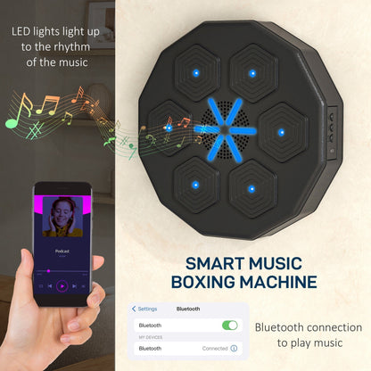 The boxing bag next to a smartphone showing a music app and a Bluetooth connection settings screen
