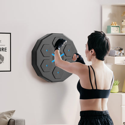 The boxing bag mounted on a wall with a person wearing gloves training in a living room setting