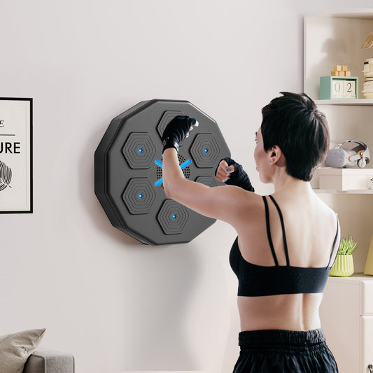 The boxing bag mounted on a wall with a person wearing gloves training in a living room setting