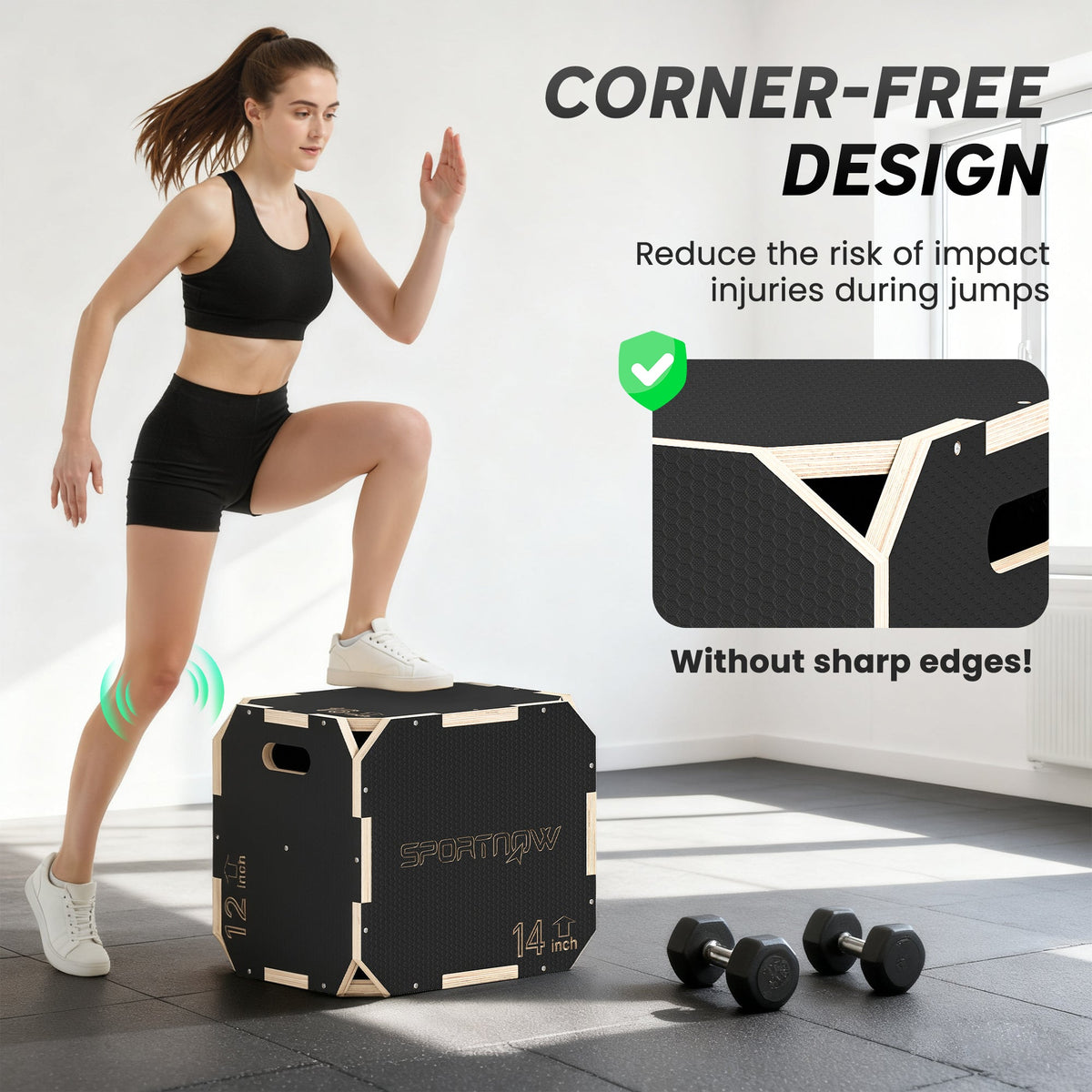 the plyo box showing the corner-free design with a woman stepping onto it