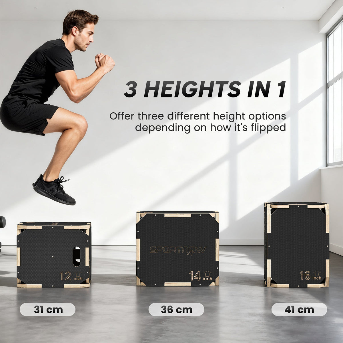 the jump box displayed in three different orientations to show height options