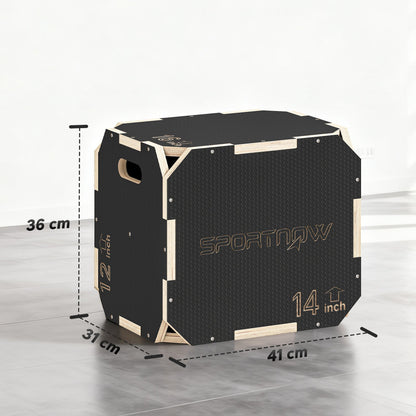 the wooden jump box with dimension lines indicating its height width and depth on a grey floor