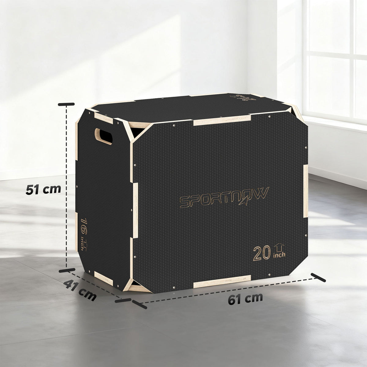 The wooden jump box from the side, showing its dimensions