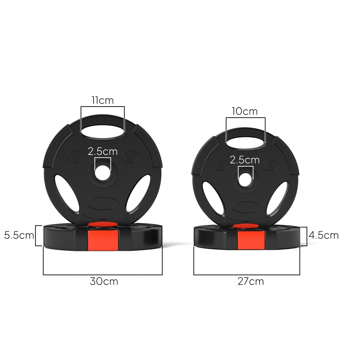 Two black weight discs with red accents, showing dimensions
