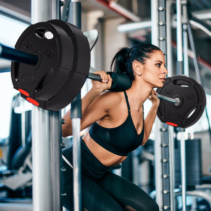 A woman is using the weight plates set for squats in a gym