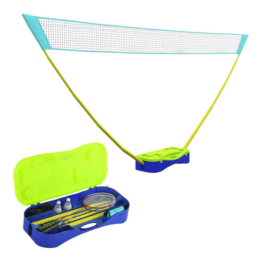 SPORTNOW Portable Badminton Net Set w/ Volleyball Net with rackets and shuttlecocks in a blue and green carry case