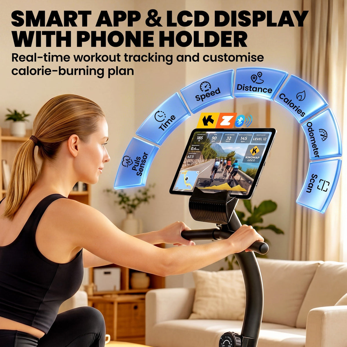 Close up of the exercise bike's smart app and LCD display with phone holder