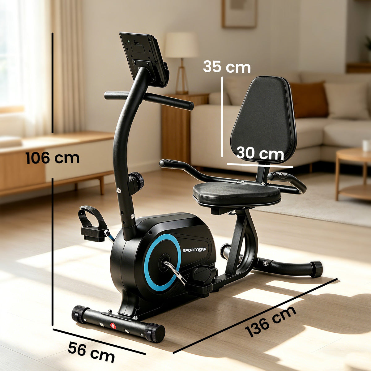 This recumbent exercise bike has dimensions shown with measurement lines