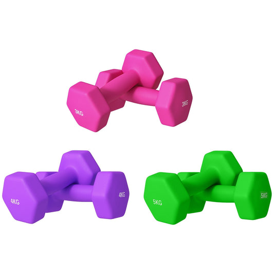 SPORTNOW Set of 6 Hex Dumbbells in pink, purple and green arranged in pairs on a white background