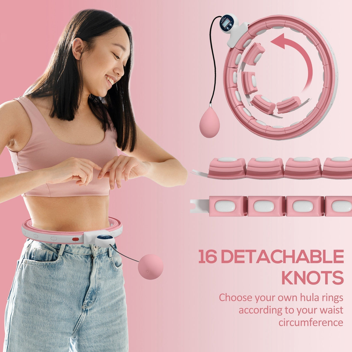 Woman assembling the smart weighted hula hoop with detachable knots