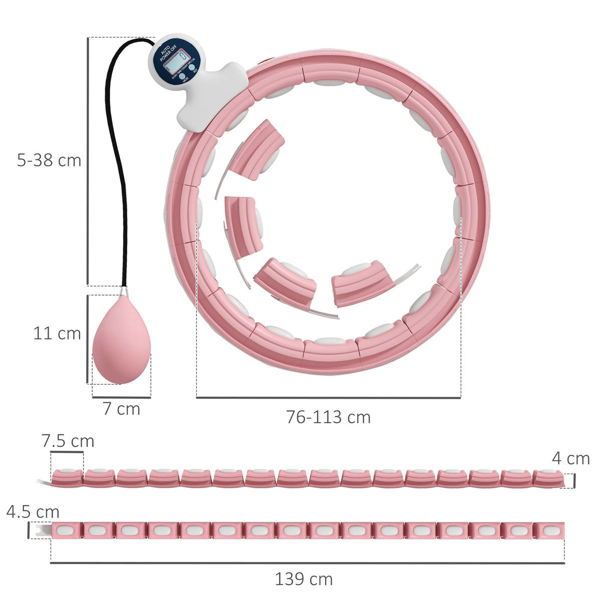 Size diagram showing the dimensions of the smart weighted hula hoop and its parts