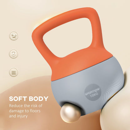 Close up of the orange and grey soft kettlebell with text about its soft body