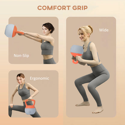 Collage showing different ways to hold the orange and grey soft kettlebell