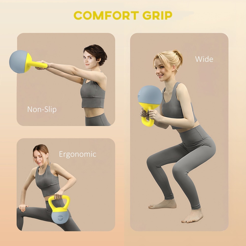 Collage showing different exercises performed with the soft kettlebell
