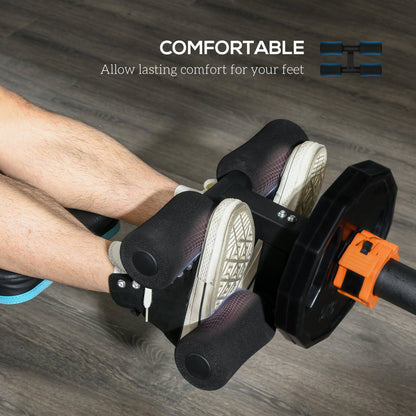 Close-up of feet secured in the padded cuffs of the tibialis trainer bar