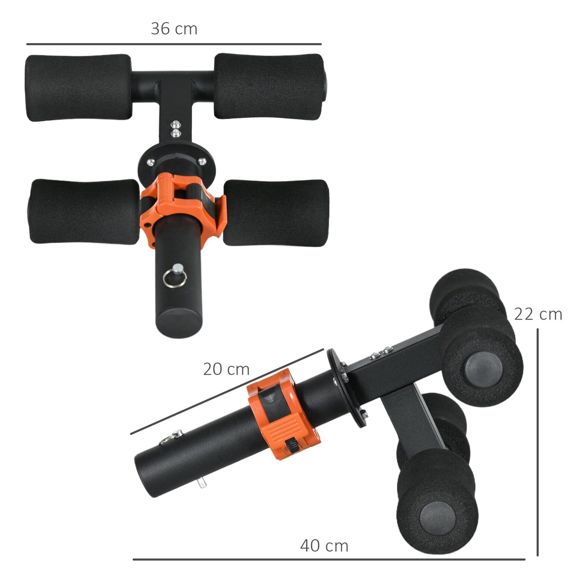 the tibialis trainer bar shown from two angles with lines indicating its overall dimensions