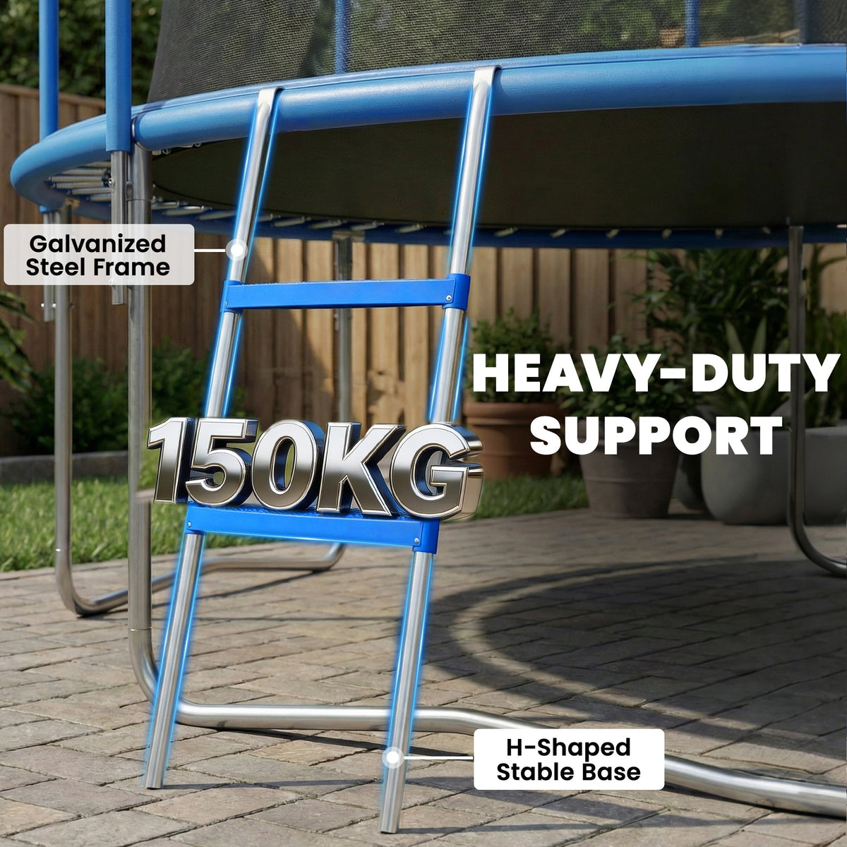 The trampoline ladder attached to a trampoline frame with text highlighting features