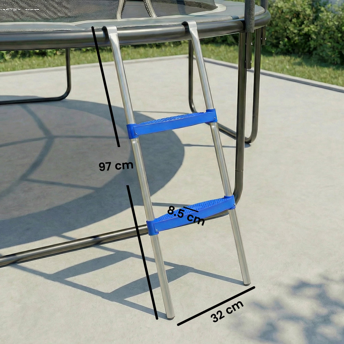 The trampoline ladder showing height and width dimensions on a patio surface