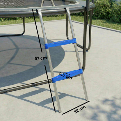 The trampoline ladder showing height and width dimensions on a patio surface