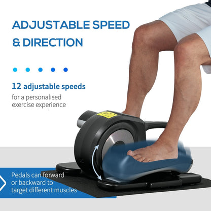 Close up of the electric elliptical machine in use, showing adjustable speed and direction features
